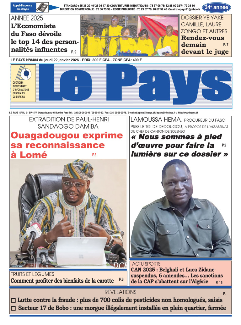 LA UNE DU PAYS DU 22-01-2026